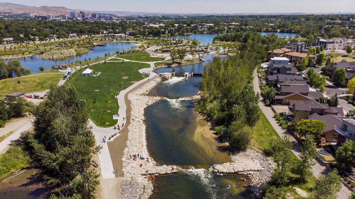 An aerial view of the Boise River and riverside homes in Garden City, Idaho.